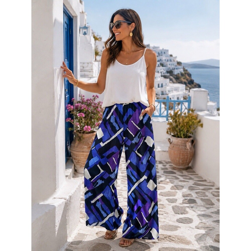 Chicos Travelers Pants Medium Blue Purple Black Geo Crop Pull On Wide Leg